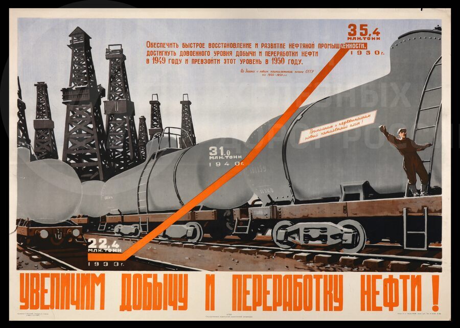 Плакат «Увеличим добычу и переработку нефти!». Художник С. Валуцкий. 1946 г.