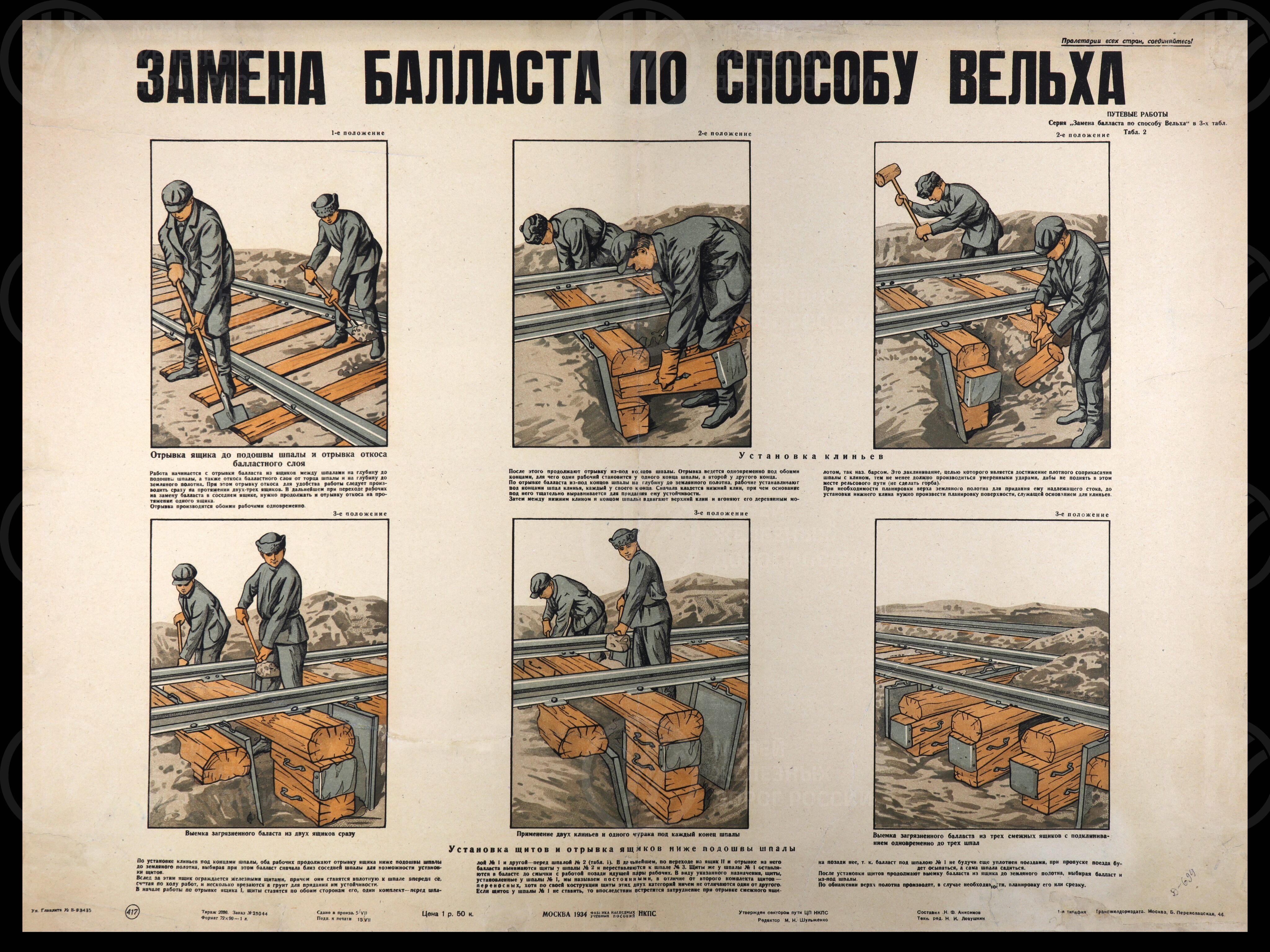 Плакат «Замена балласта по способу Вельха». Трансжелдориздат. Москва. 1934 г., изображение 1