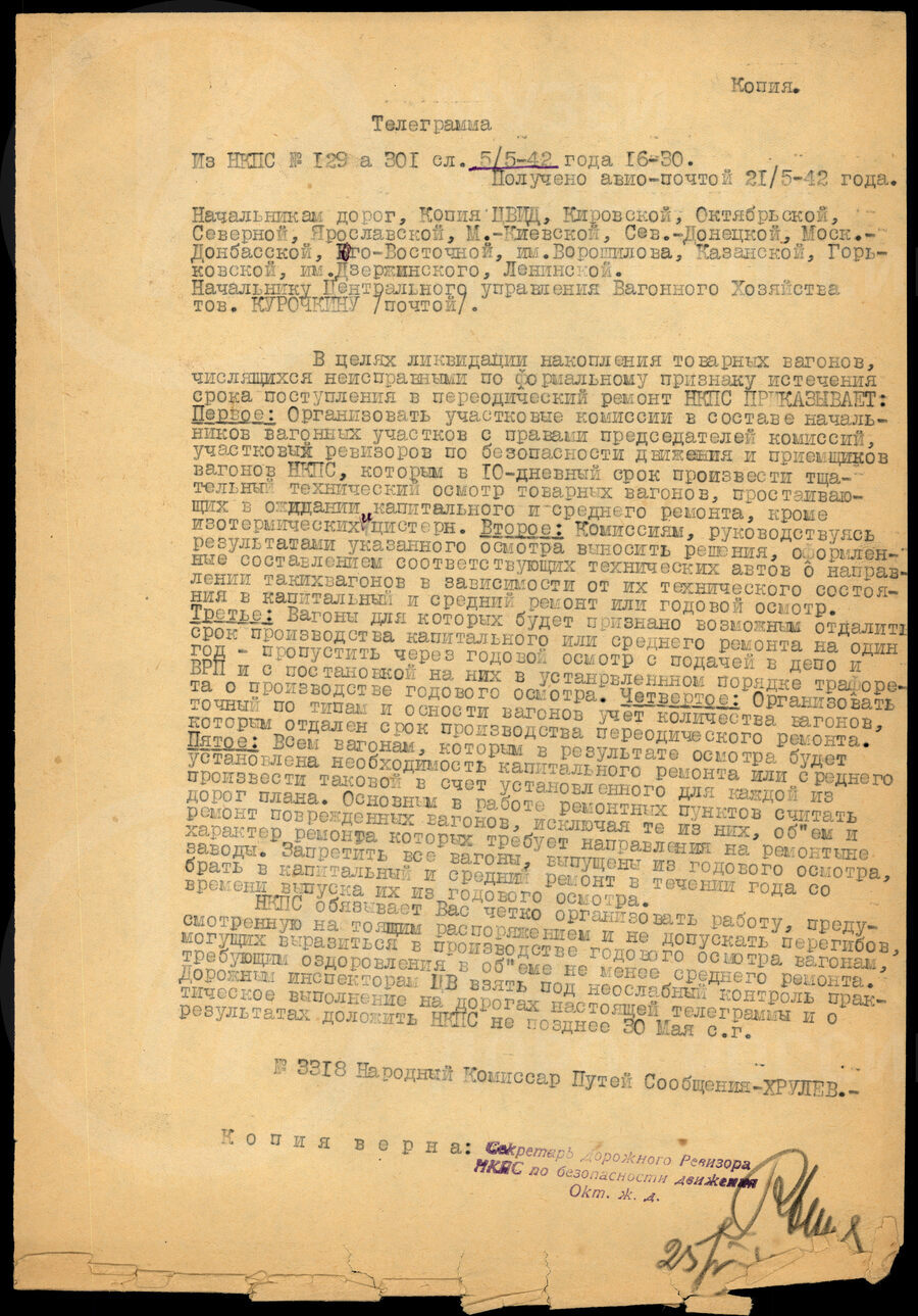Телеграмма НКПС о ремонте вагонов. 1942 г.