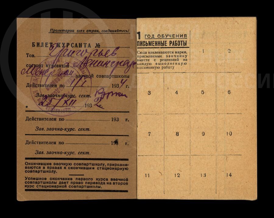 Билеты студента Совпартшколы П.В. Григорьев. 1934 г.
