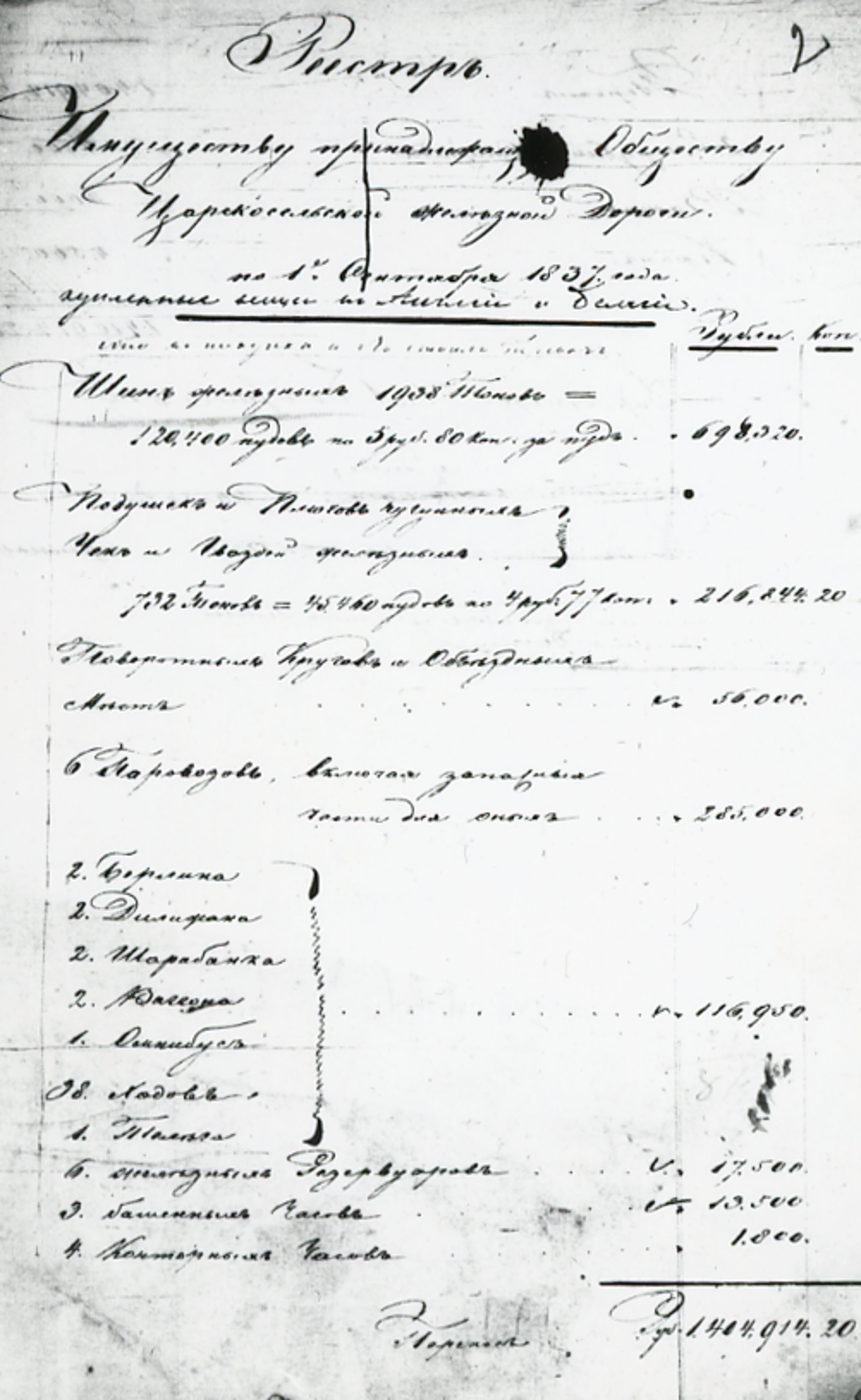 «Реестр» имуществу Царскосельской железной дороги.1837 г., изображение 2