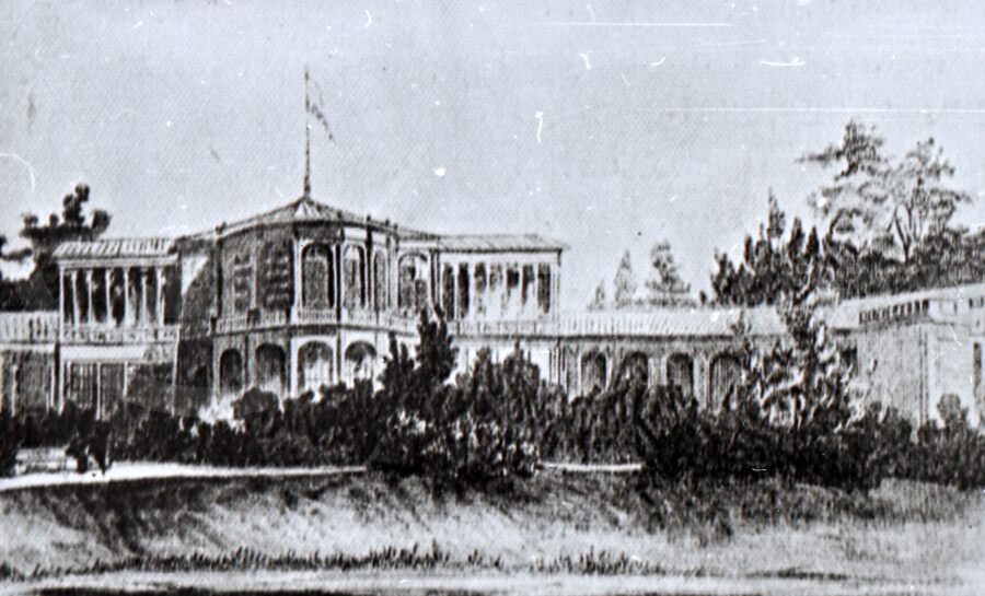 Павловский вокзал со стороны пруда. 1840-е годы