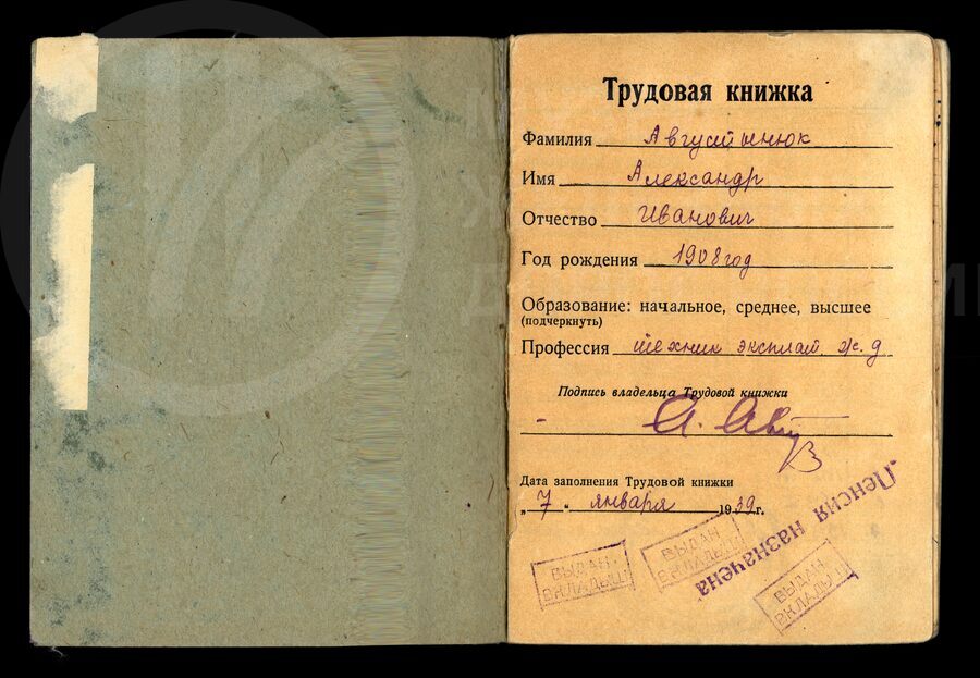 Трудовая книжка Александра Ивановича Августынюка